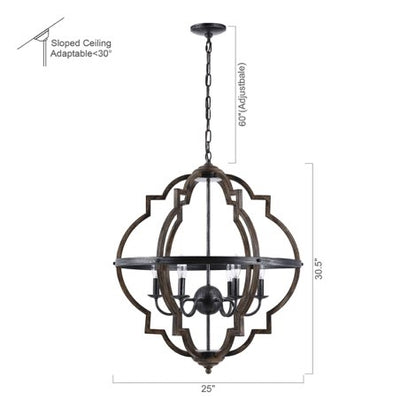 Lámpara de araña geométrica Cambon de 6 luces en madera cepillada y color negro envejecido