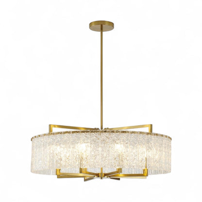 Round Brass Frame Chandelier with Clear Hanging Rippled Glass