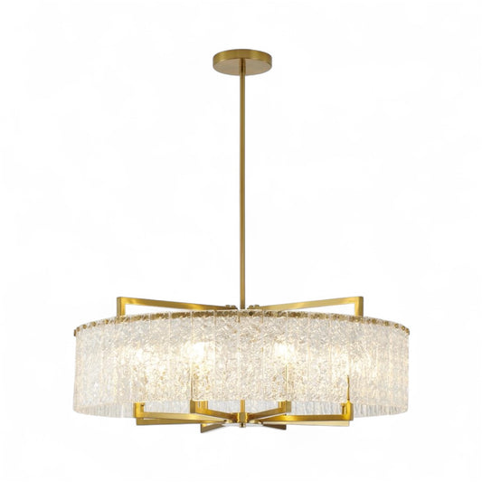 Round Brass Frame Chandelier with Clear Hanging Rippled Glass