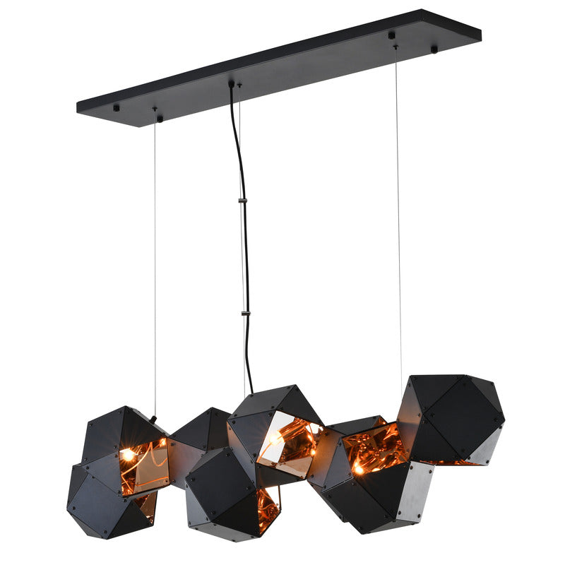 Black Block Framed Chandelier With A Reflective Copper Interior