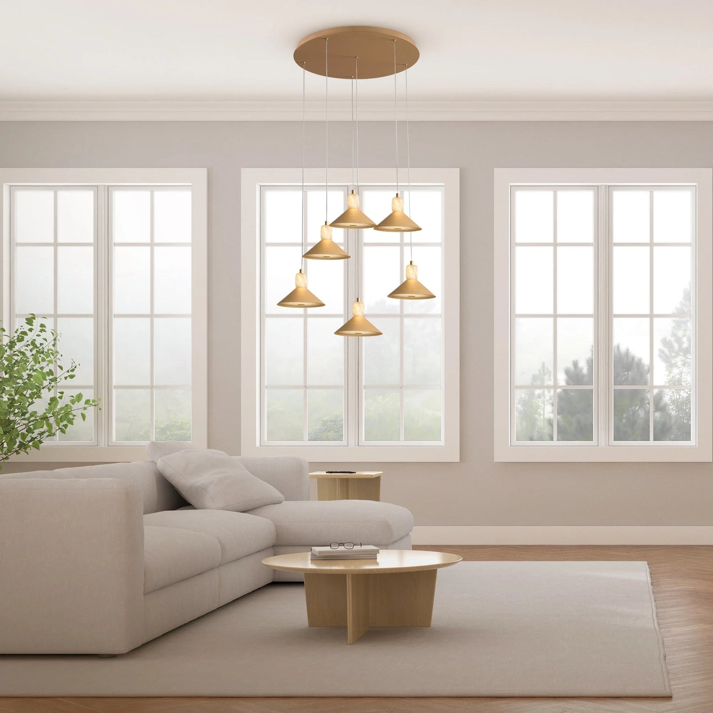 Spanish Alabaster & Aluminum Six Light Chandelier