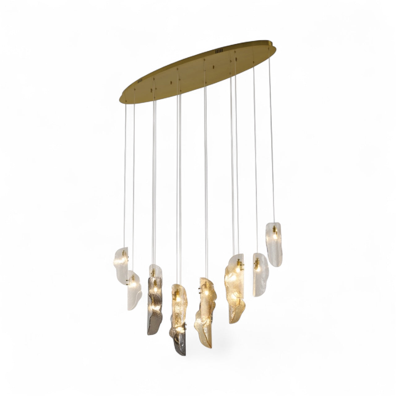 Brass Metal Frame Chandelier with Clear, Smoke, and Amber Glass Pendants