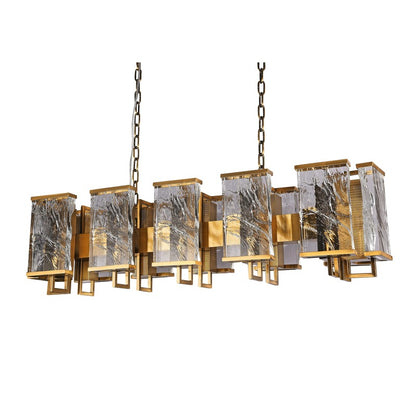 Brass Rectangular Chandelier With Clear Distorted Crystal Plaques