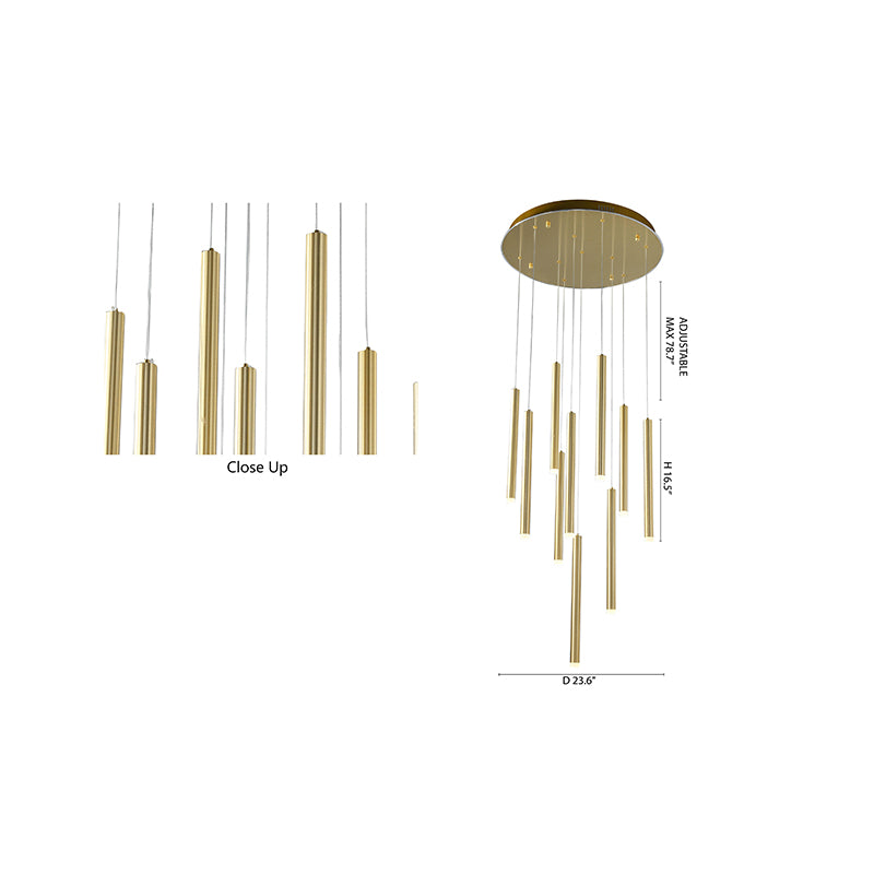 Gold LED Chandelier – Modern Hanging Rod Light with Frosted Diffusers