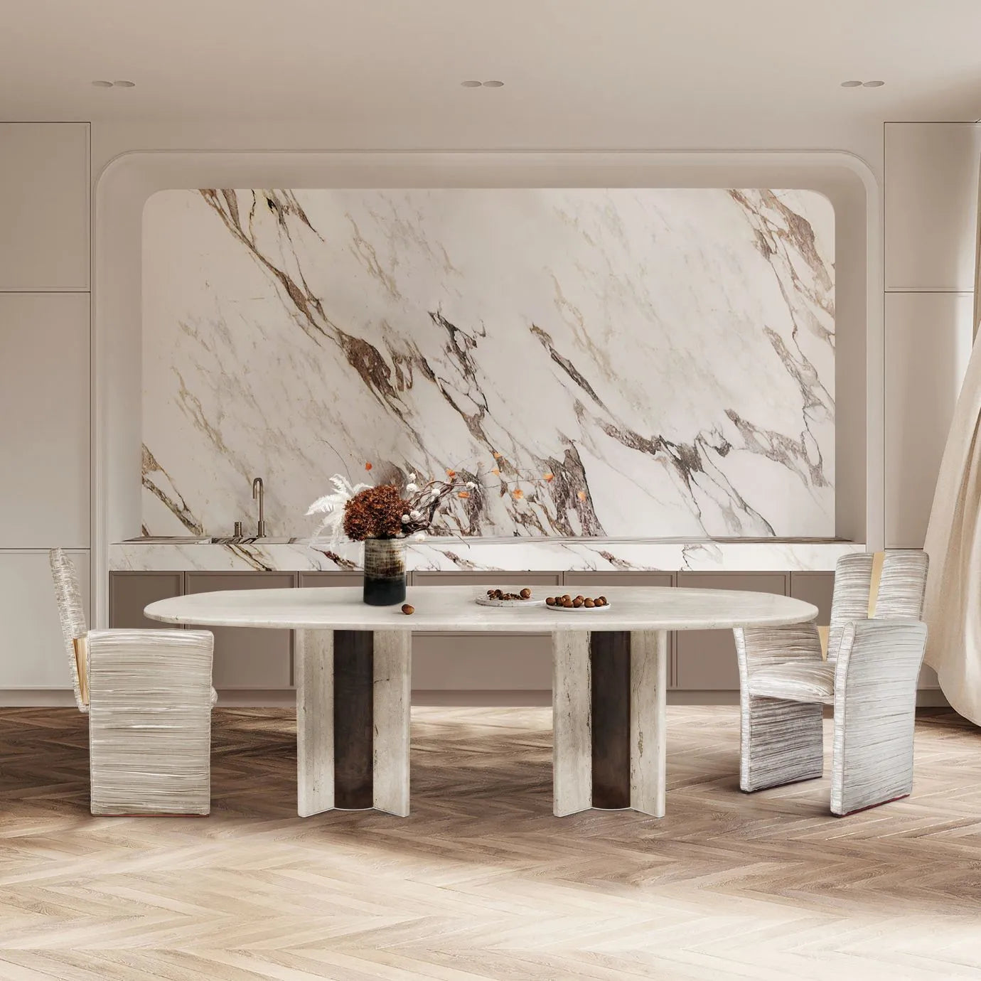 Paris Travertine Marble Oval Dining Table