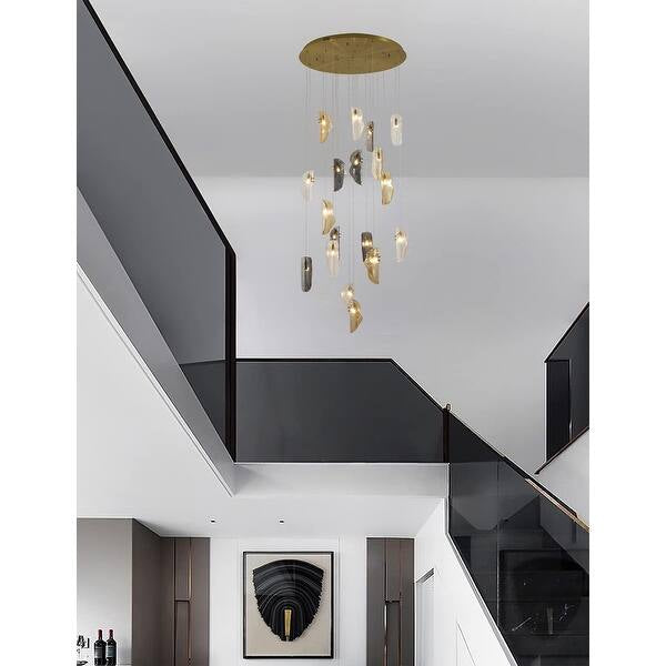 Brass Metal Frame Chandelier with Clear, Smoke, and Amber Glass Pendants
