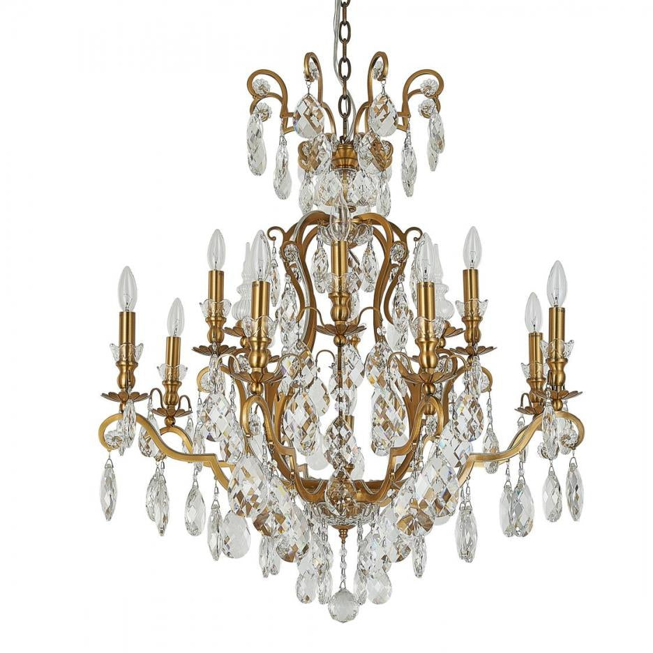 Antique Brass Chandelier with Clear Hanging Crystals