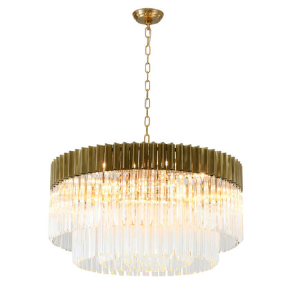 Round Brass Chandelier With Clear Hanging Crystals