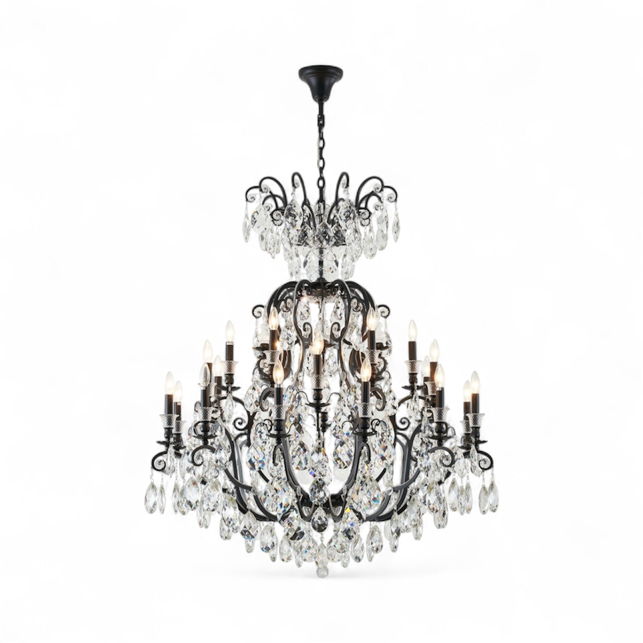 3 Tier Matte Black Chandelier with Clear Hanging Crystals