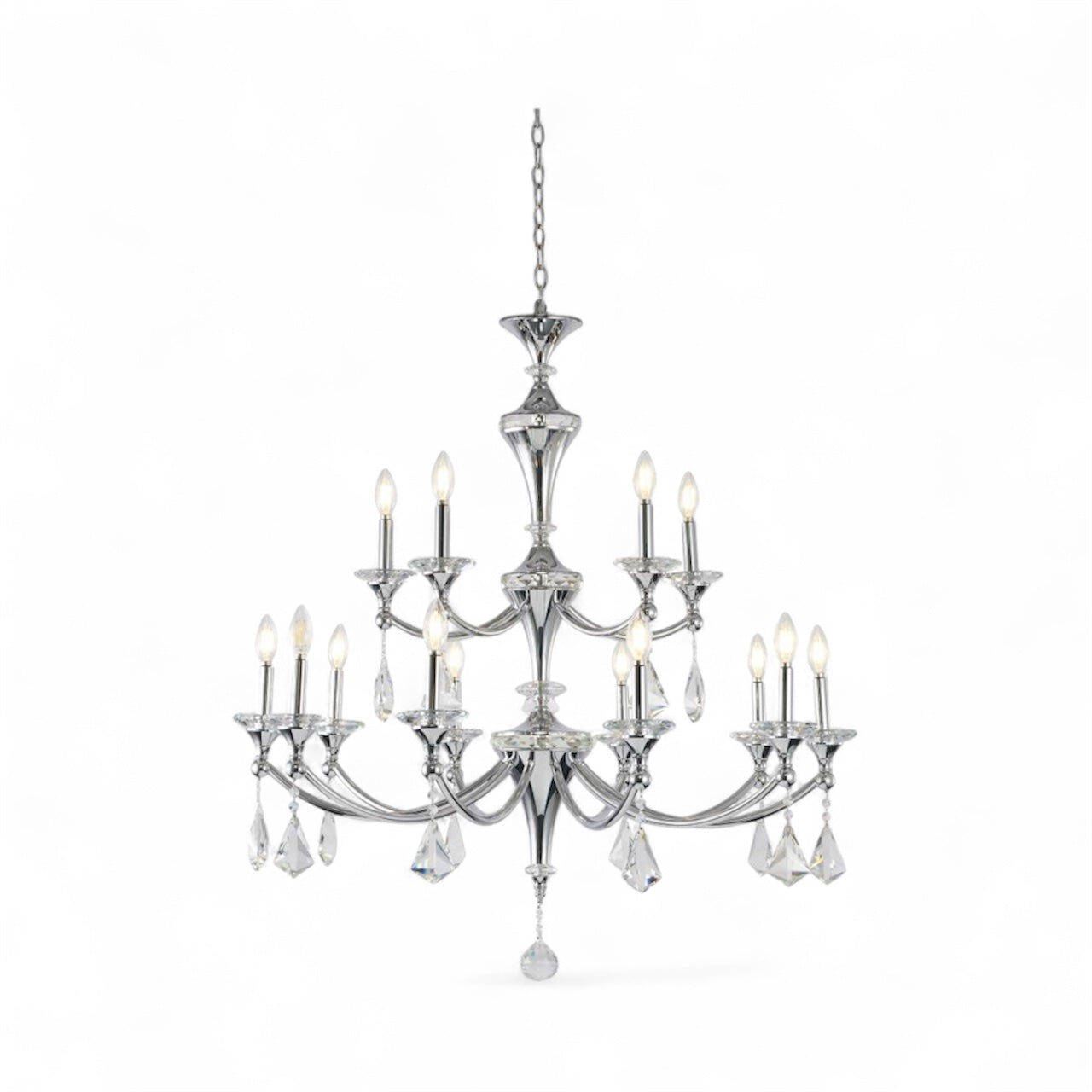 Two-Tier Satin Brass Frame with Champagne Hanging Crystals Accents