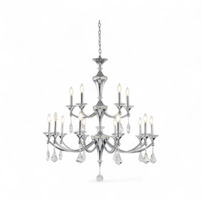 Two-Tier Satin Brass Frame with Champagne Hanging Crystals Accents