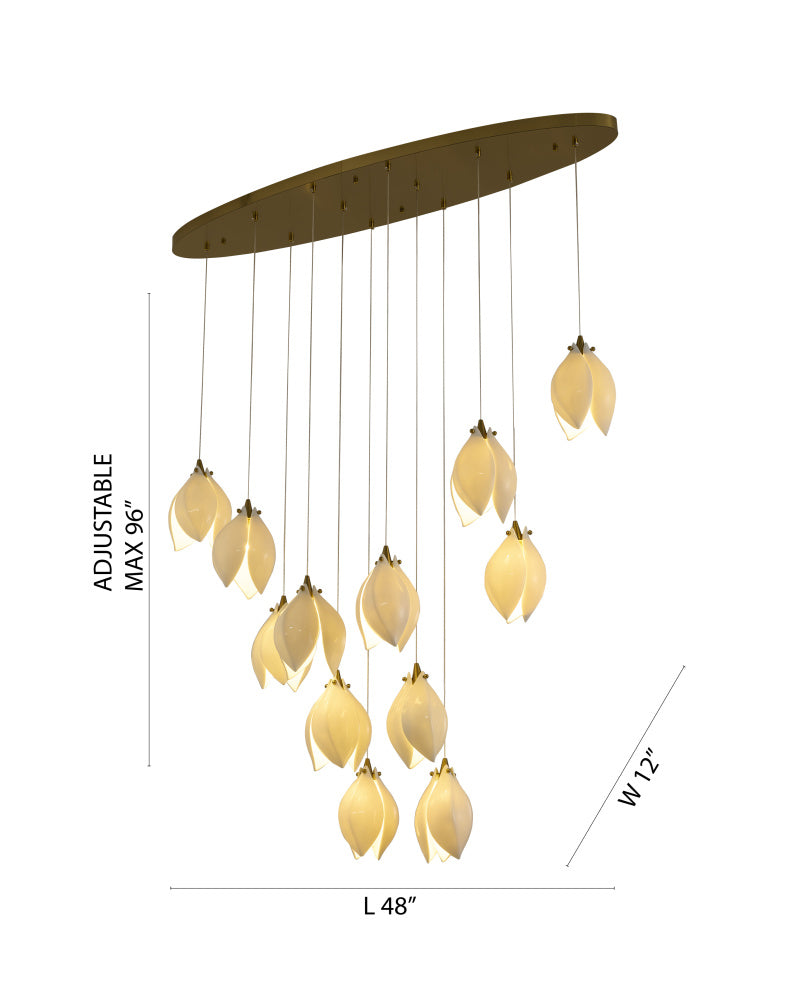 Bronze Metal Frame Chandelier with Cream Ceramic Flowers