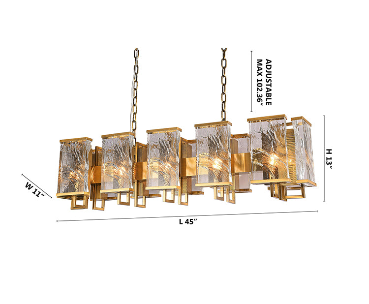 Brass Rectangular Chandelier With Clear Distorted Crystal Plaques