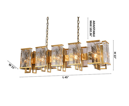 Brass Rectangular Chandelier With Clear Distorted Crystal Plaques