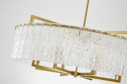 Round Brass Frame Chandelier with Clear Hanging Rippled Glass