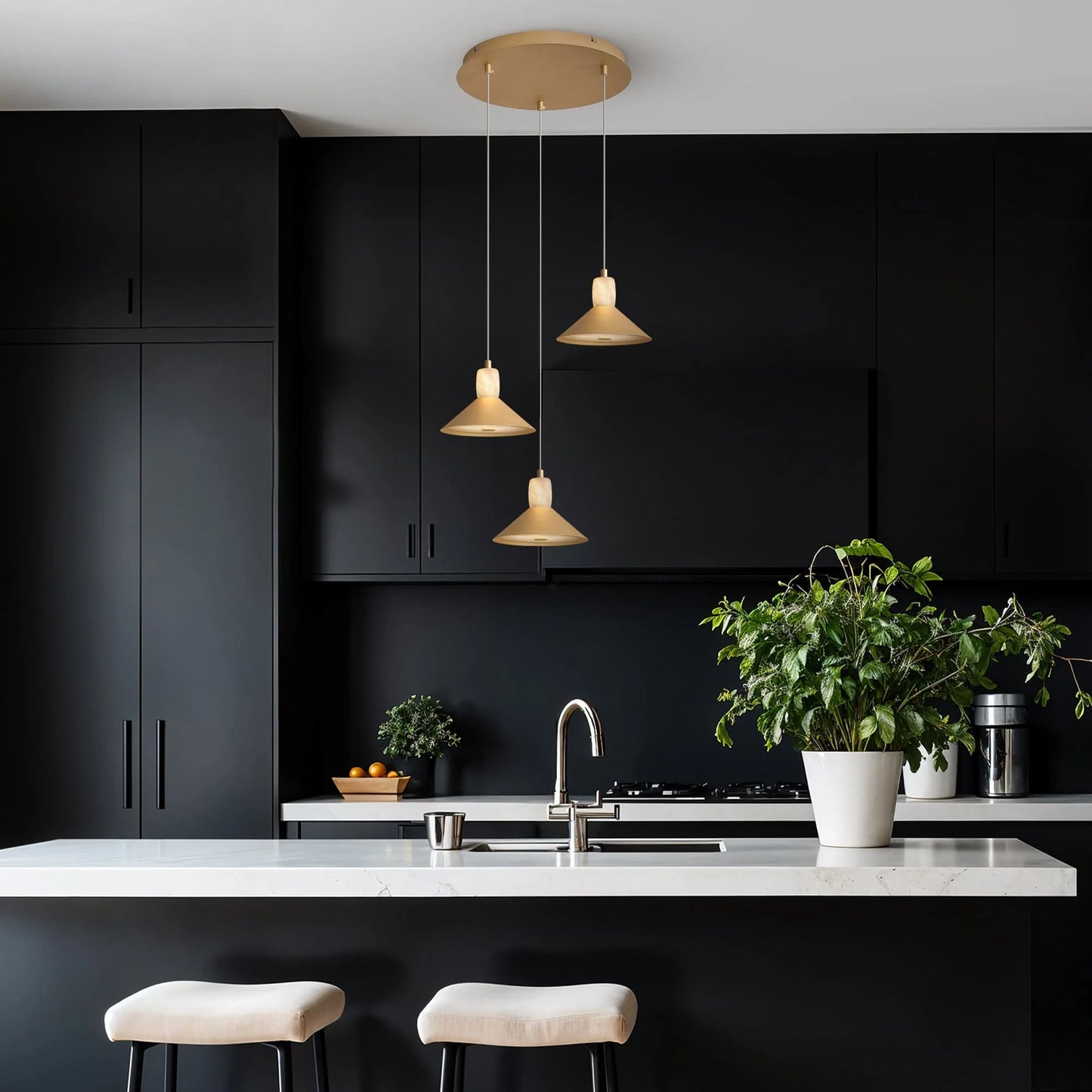 Spanish Alabaster & Aluminum Three-Light Chandelier