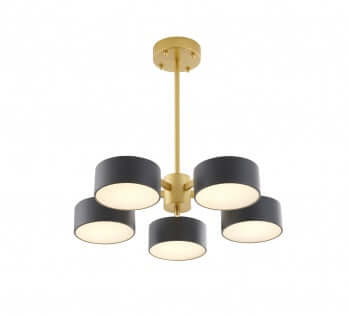 Gold Frame Light Fixture with Black Shades & White Frosted Diffusers