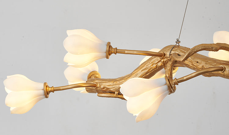 Gold Branch Chandelier WITH White Ceramic Flower Shades