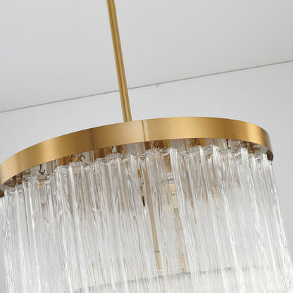 Round Satin Brass Chandelier With Clear Hanging Ribbed Glass