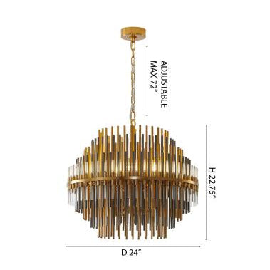 Brass Stainless Steel Chandelier with Black Iron and Clear Glass Tubes