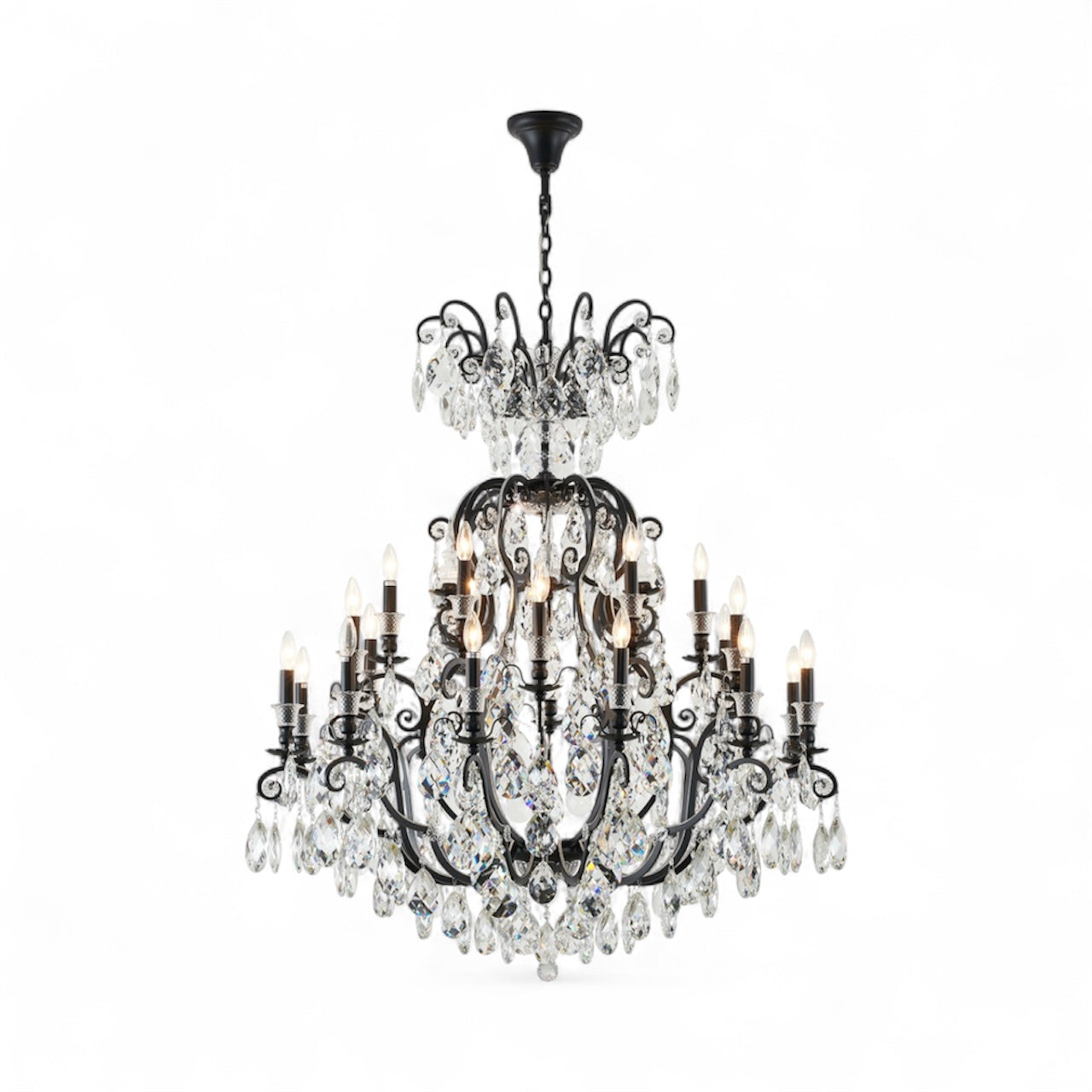 3 Tier Matte Black Chandelier with Clear Hanging Crystals