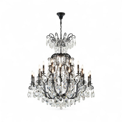 3 Tier Matte Black Chandelier with Clear Hanging Crystals