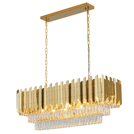 Gold Rectangular Chandelier With Clear Hanging Crystals