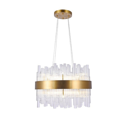 Round Matte Brass Chandelier with Clear Glass Rods