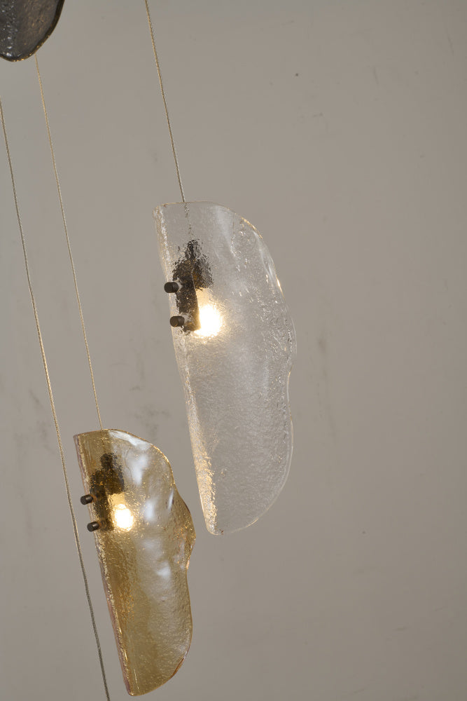 Black Metal Frame Chandelier with Clear, Smoke, and Amber Glass Pendants