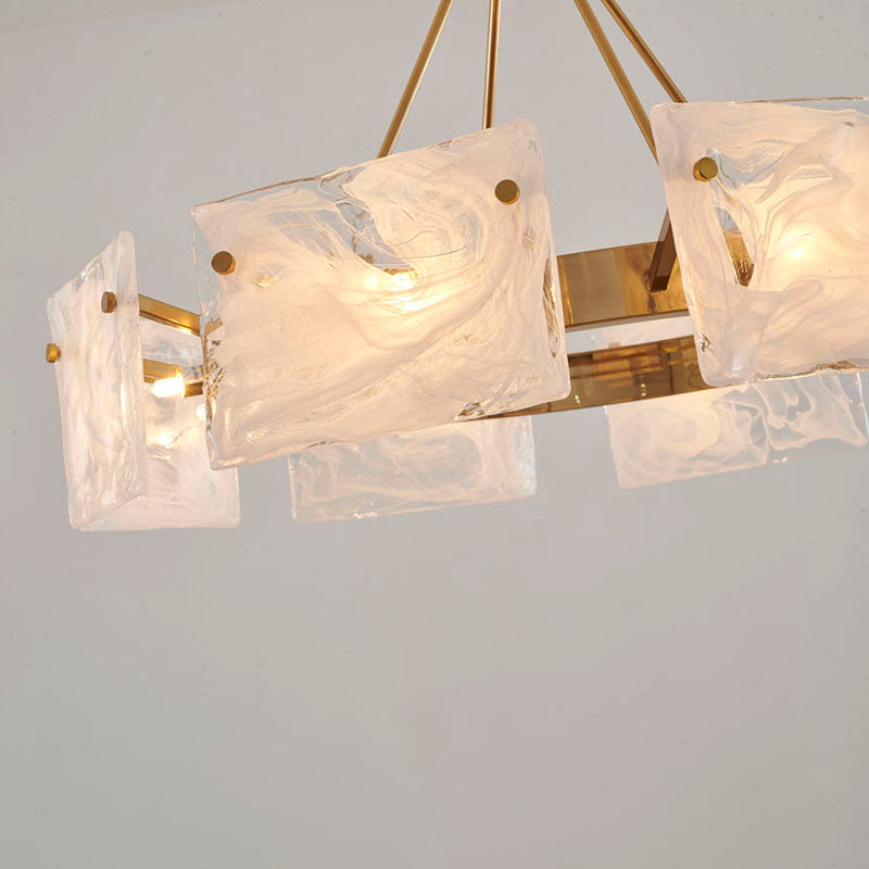Gold Plated Chandelier with White Stained Glass Shades