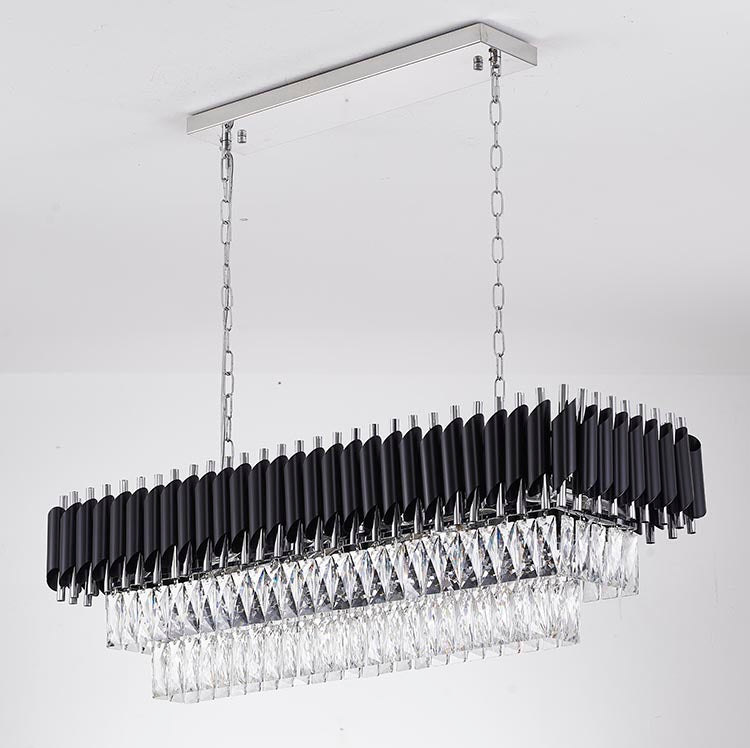 Black & Chrome Rectangular Chandelier With Clear Hanging Crystals