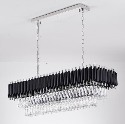 Black & Chrome Rectangular Chandelier With Clear Hanging Crystals