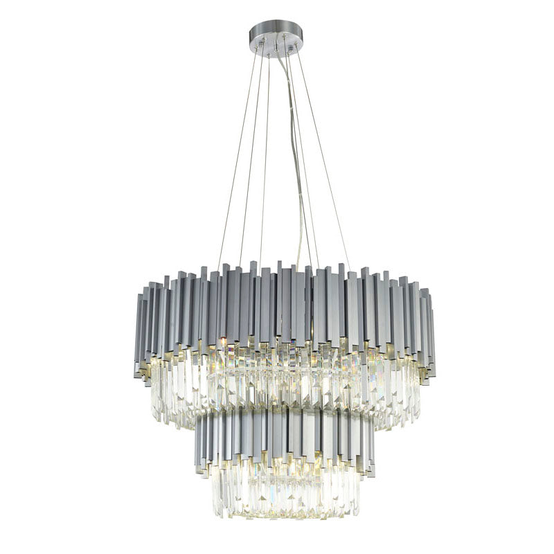 Two Tier Stainless Steel Hairlines Chandelier With Clear Hanging Crystals
