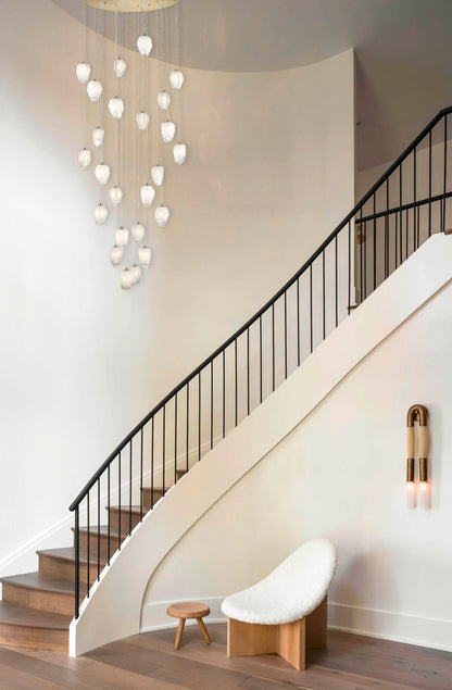 Round Gold Flushed Chandelier with Hanging White Glass Pendants