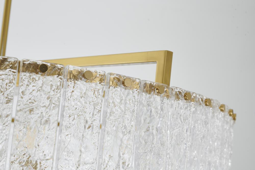 Round Brass Frame Chandelier with Clear Hanging Rippled Glass