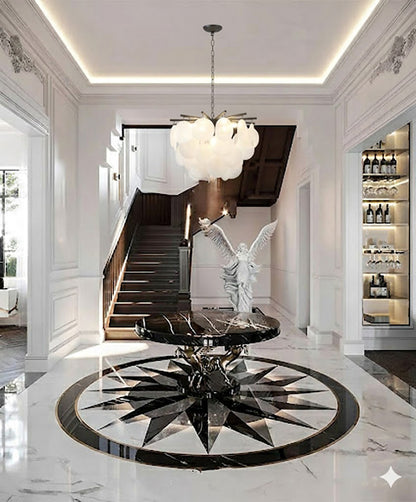 Satin Black Chandelier With Frosted White Hanging Glass Petals