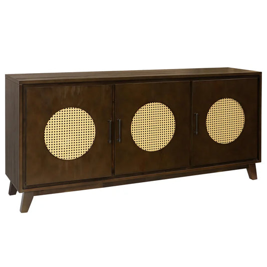 Mahogany and Rattan Mid-century Modern 3 Door Sideboard