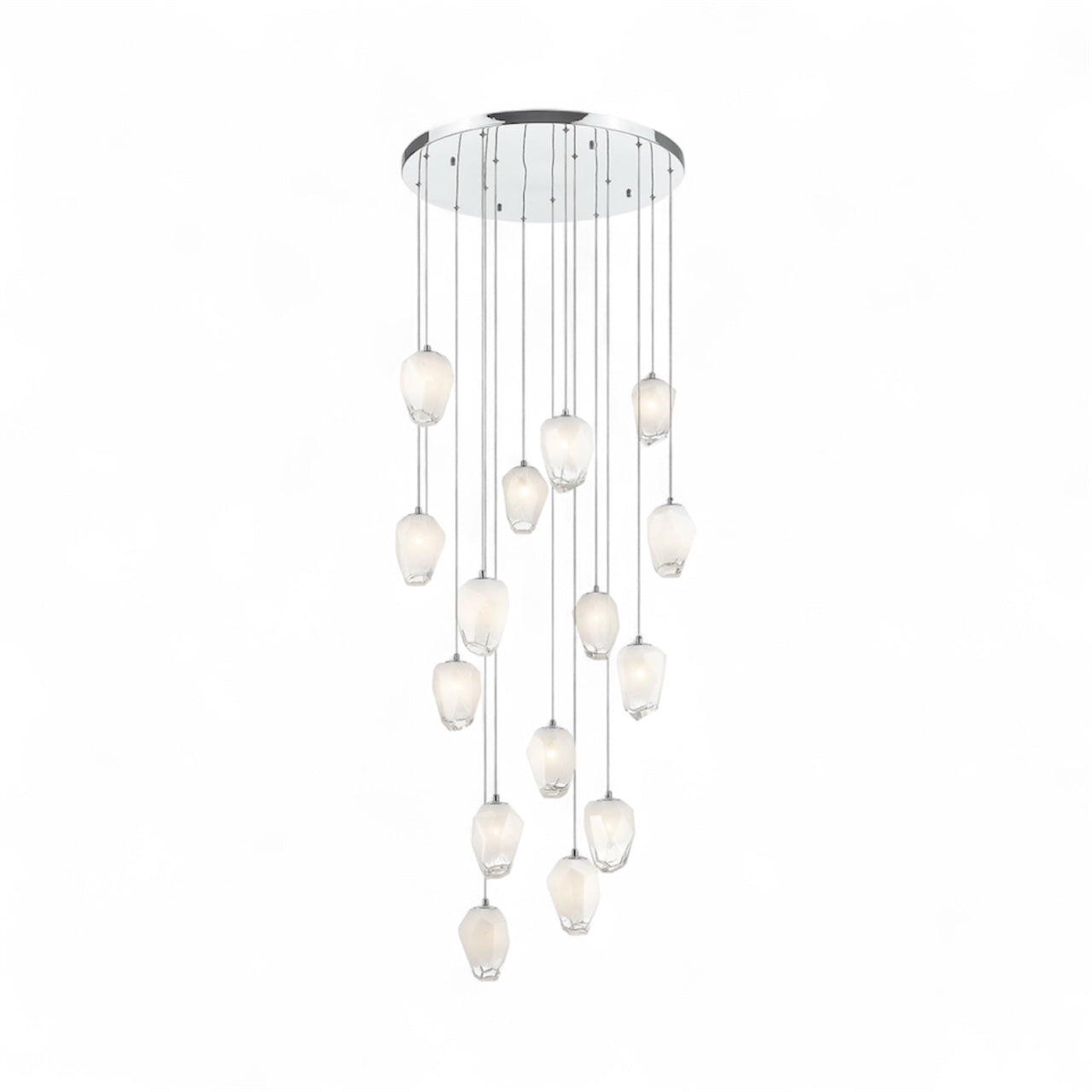 Round Metal Flushed Chandelier with Hanging White Glass Pendants
