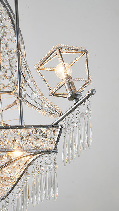 Antique Silver Sail Boat Chandelier With Clear Hanging Crystals