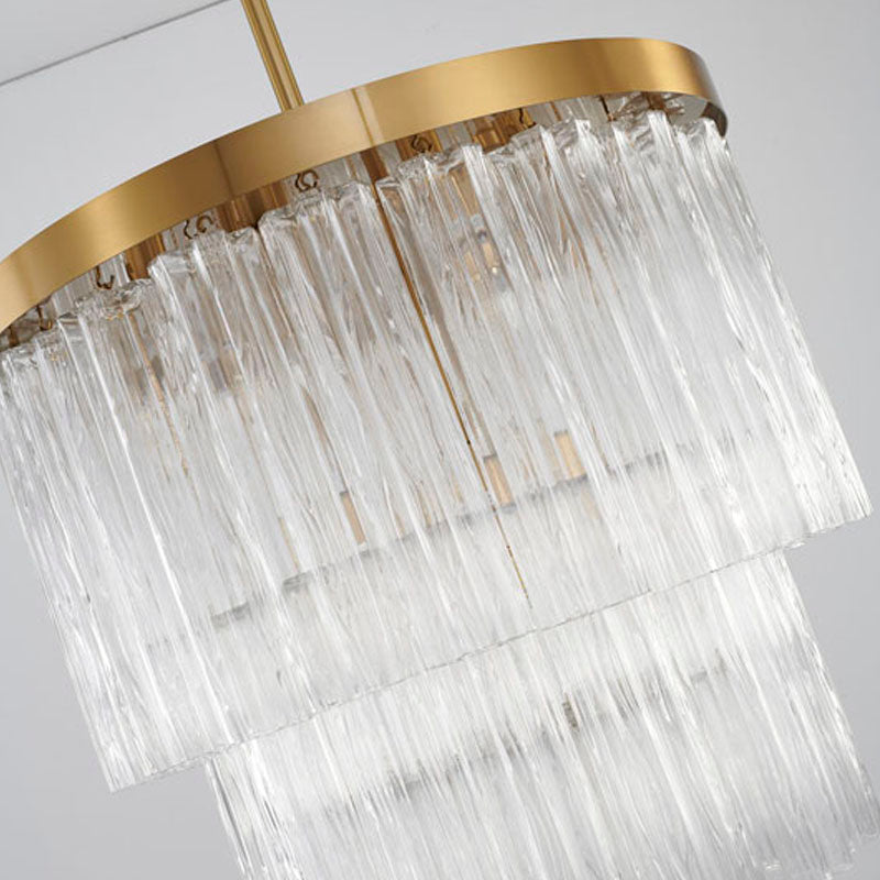 Round Satin Brass Chandelier With Clear Hanging Ribbed Glass