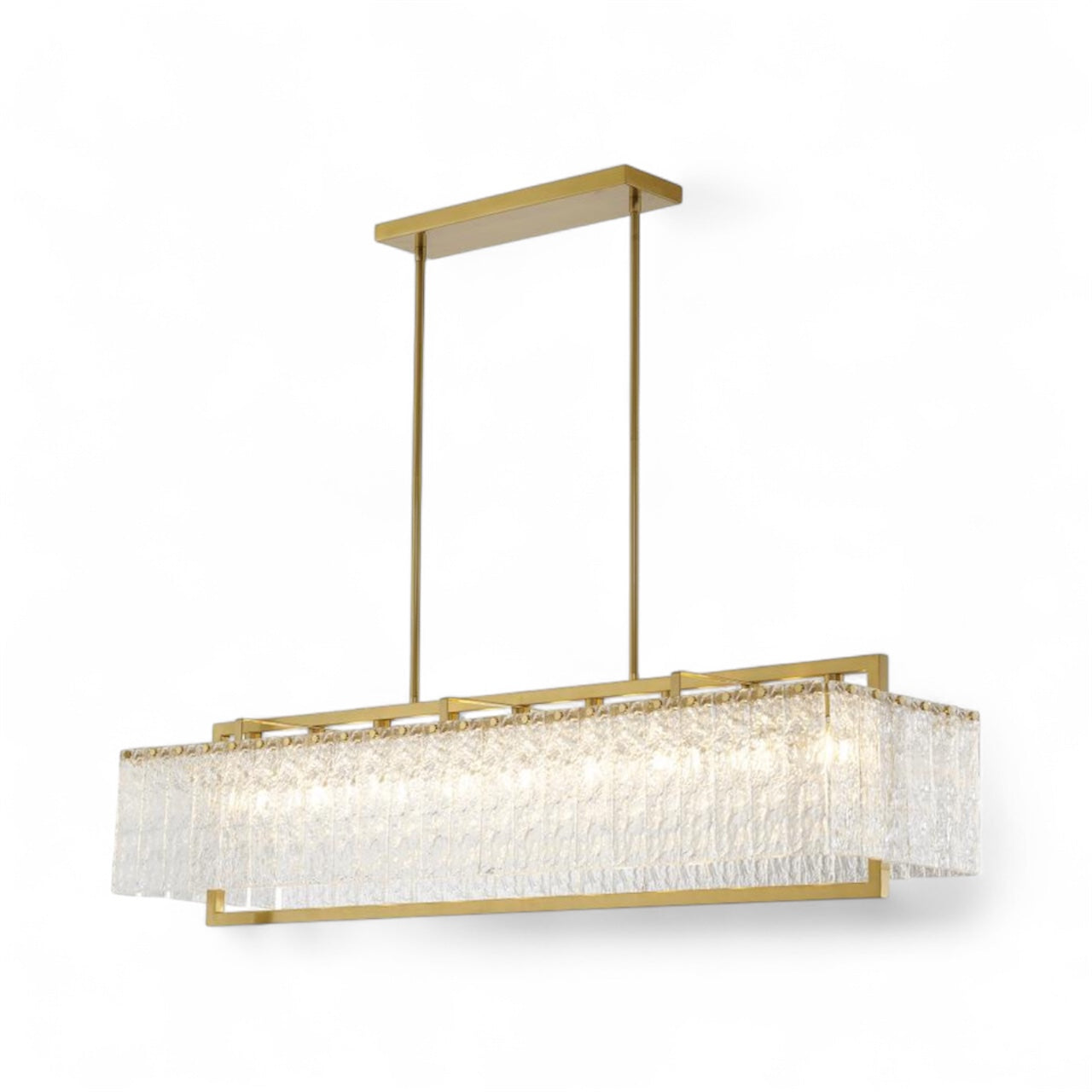 Rectangular Brass Frame Chandelier with Hanging Clear Rippled Glass