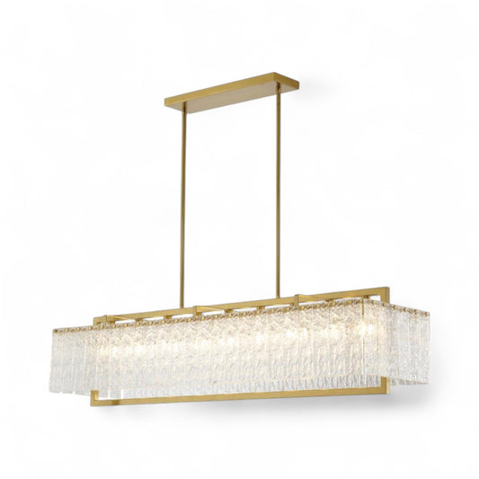 Rectangular Brass Frame Chandelier with Hanging Clear Rippled Glass