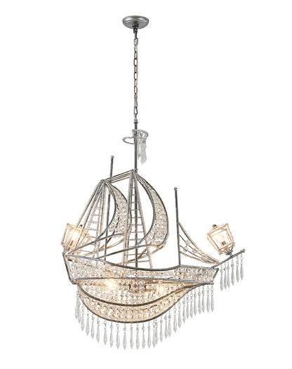 Antique Silver Sail Boat Chandelier With Clear Hanging Crystals