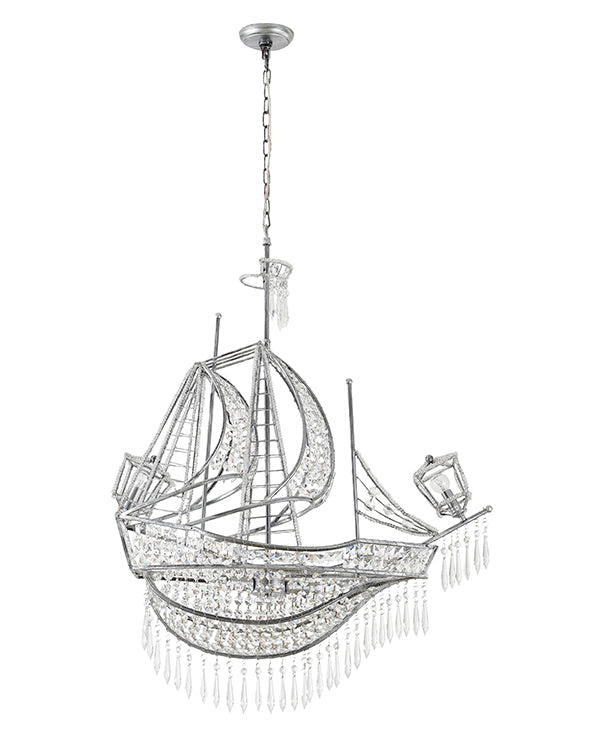Antique Silver Sail Boat Chandelier With Clear Hanging Crystals