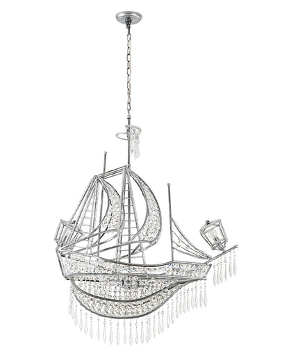 Antique Silver Sail Boat Chandelier With Clear Hanging Crystals