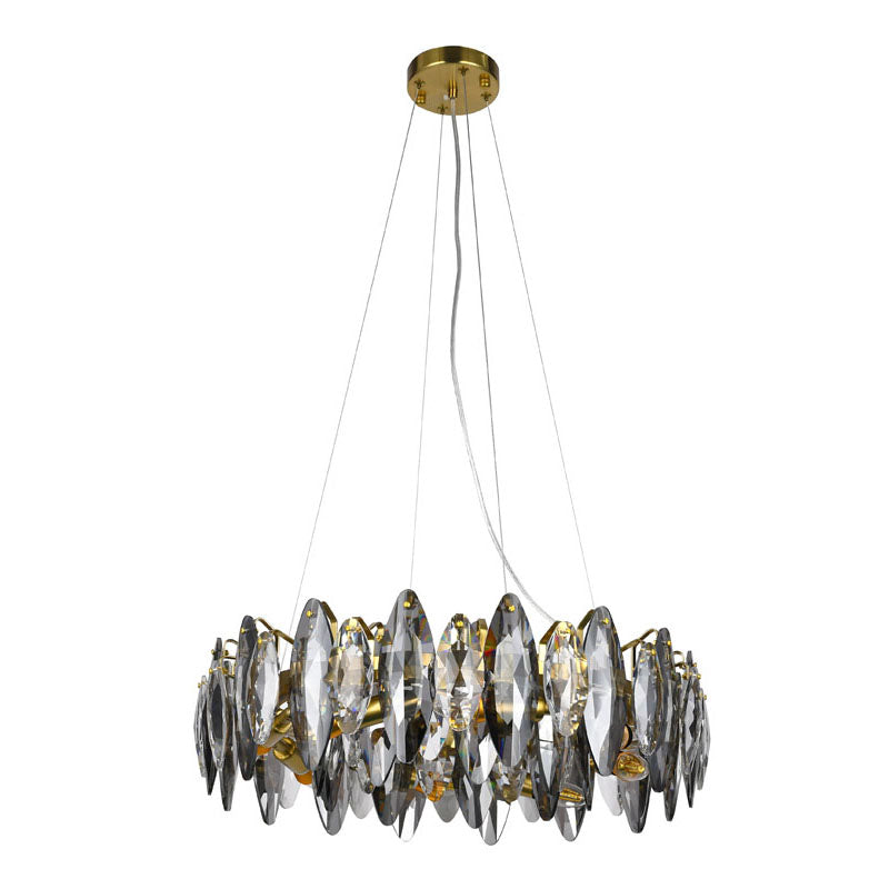 Round Brass Chandelier With Clear & Smoke Crystals