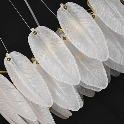 Round Brass Chandelier With Hanging Frosted White Glass Leafs