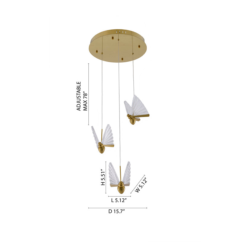 Elegant Satin Brass LED Chandelier with Butterfly Pendants