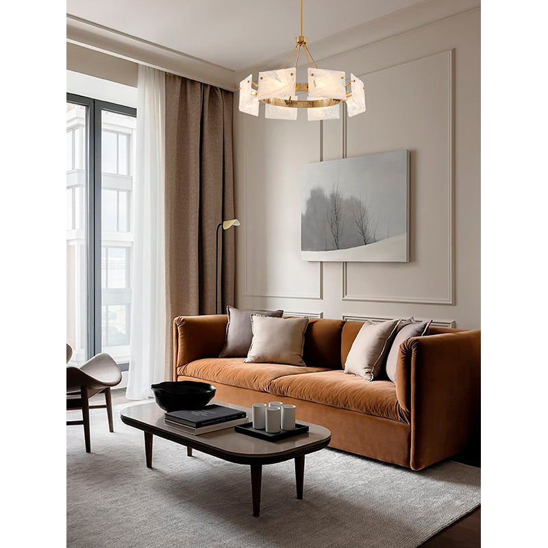 Gold Plated Chandelier with White Stained Glass Shades