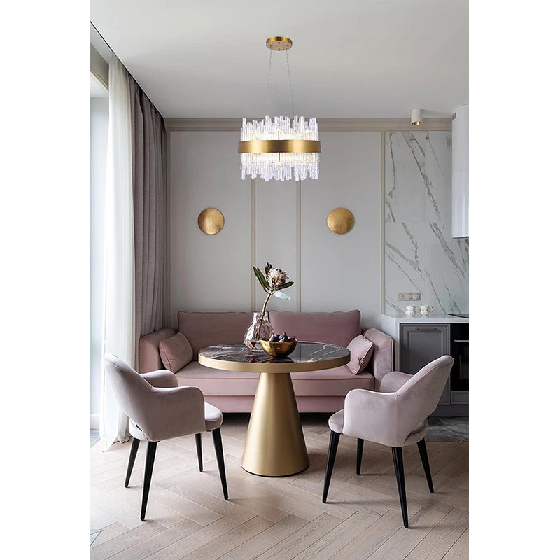 Round Matte Brass Chandelier with Clear Glass Rods